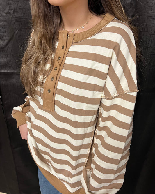 Harley Oversized Taupe and Cream Button Down Top