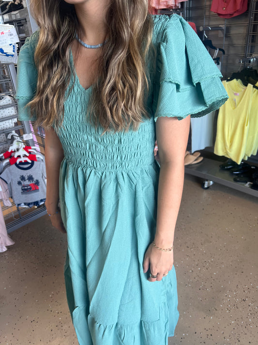 Sage Ruffle Sleeve Midi Dress