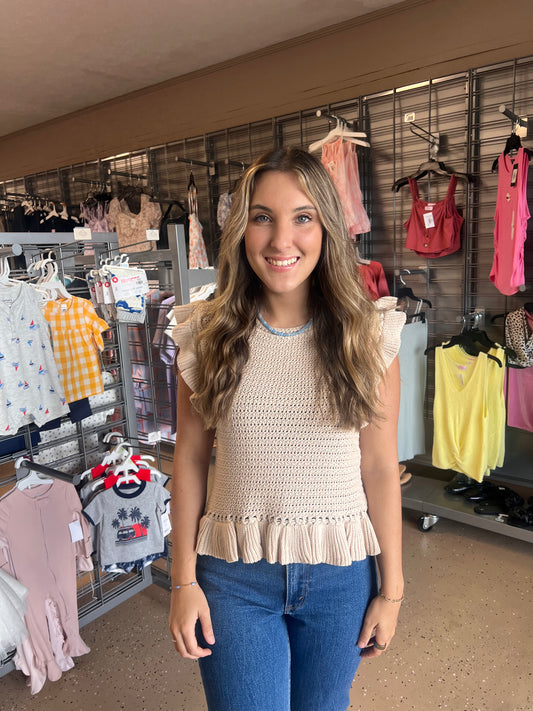 On the Go Nude Ruffle Sweater Top