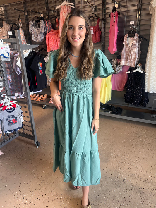 Sage Ruffle Sleeve Midi Dress